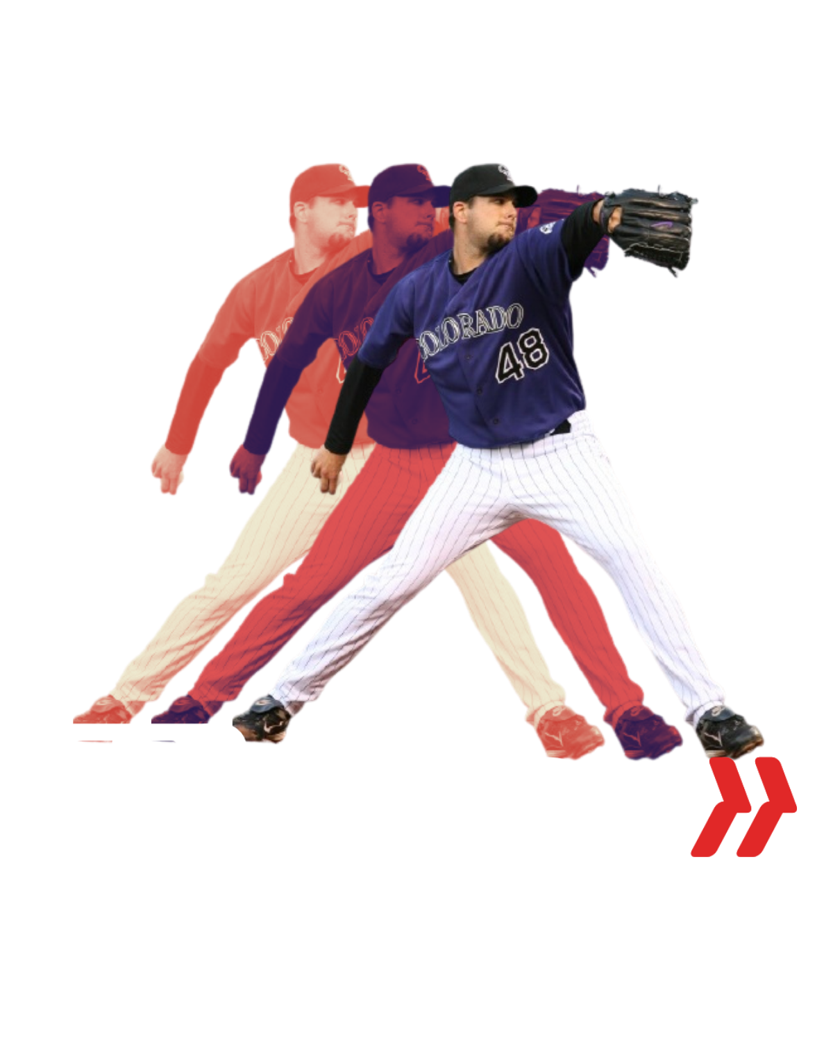 Jason Hirsh pitching for the Colorado Rockies, shown in a three-step motion sequence above the Hirsh Baseball logo